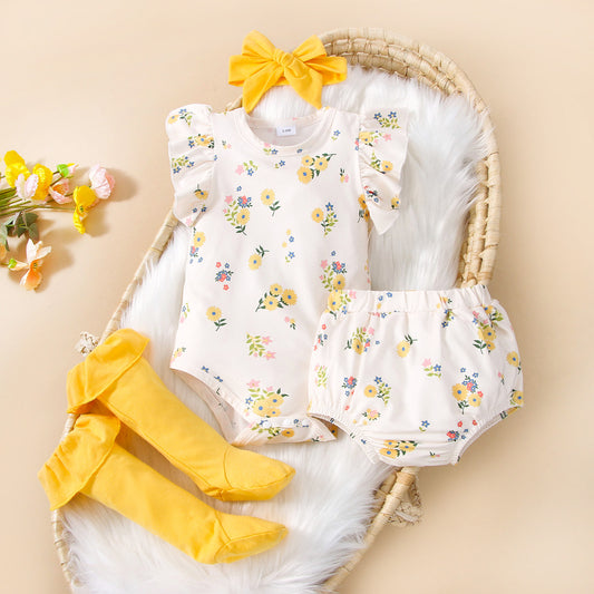 Ensemble Bébé 4 Pièces – Style INS, Manches Volantes à Fleurs, Confort et Douceur