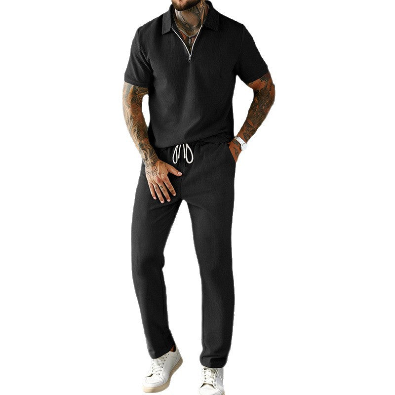 Ensemble Homme Décontracté – Polo à Manches Courtes en Velours Côtelé et Pantalon