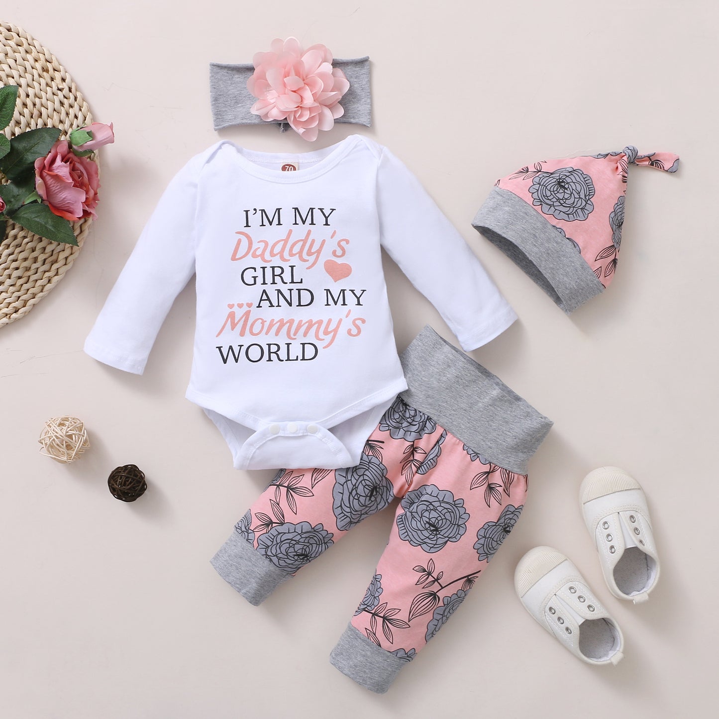 Ensemble Bébé 4 Pièces – Style INS, Manches Volantes à Fleurs, Confort et Douceur
