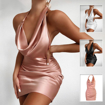 Robe Mini en Satin Col V Dos Nu Sans Manches – Robe Sexy d’Été pour Soirée et Party Femme