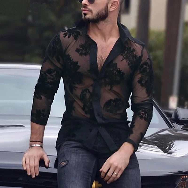 Chemise Homme Sexy en Dentelle Mesh – Manches Longues, Confort Respirant