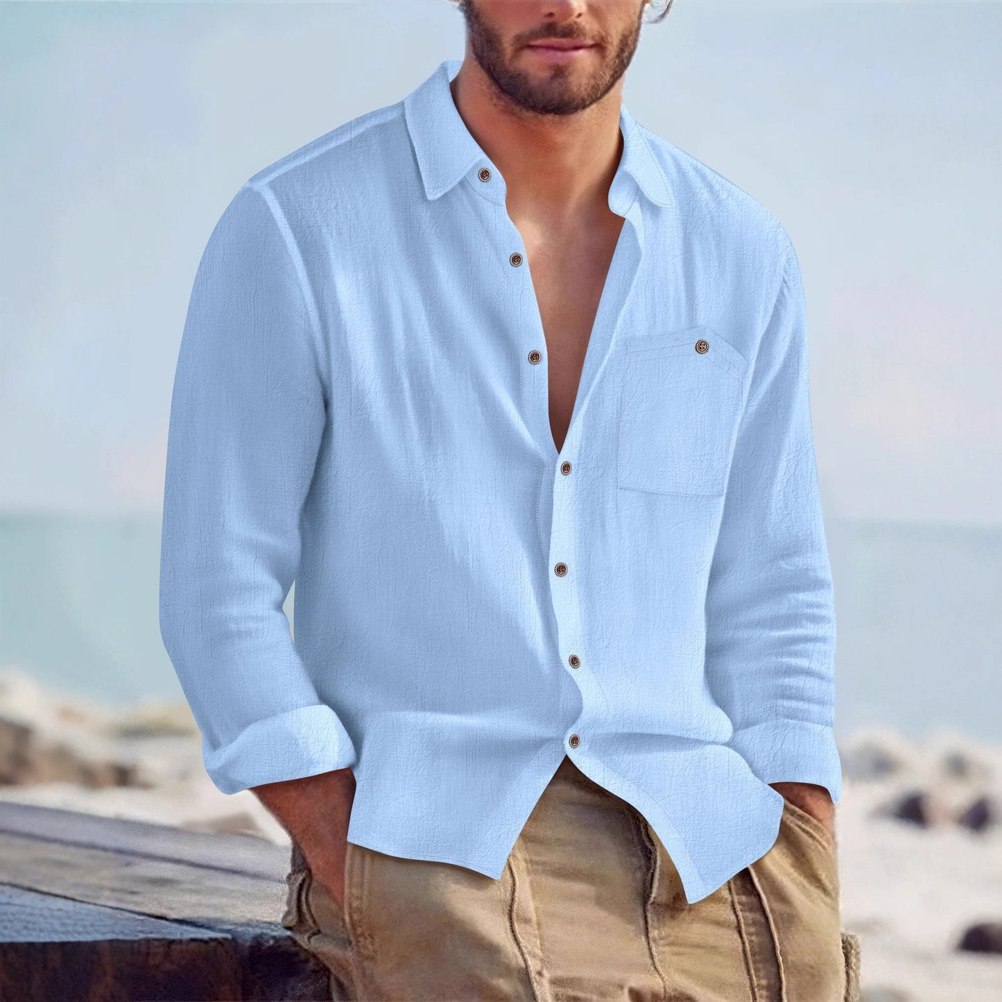Chemise Homme Décontractée en Lin – Cardigan à Col Revers, Couleur Unie, Coupe Large