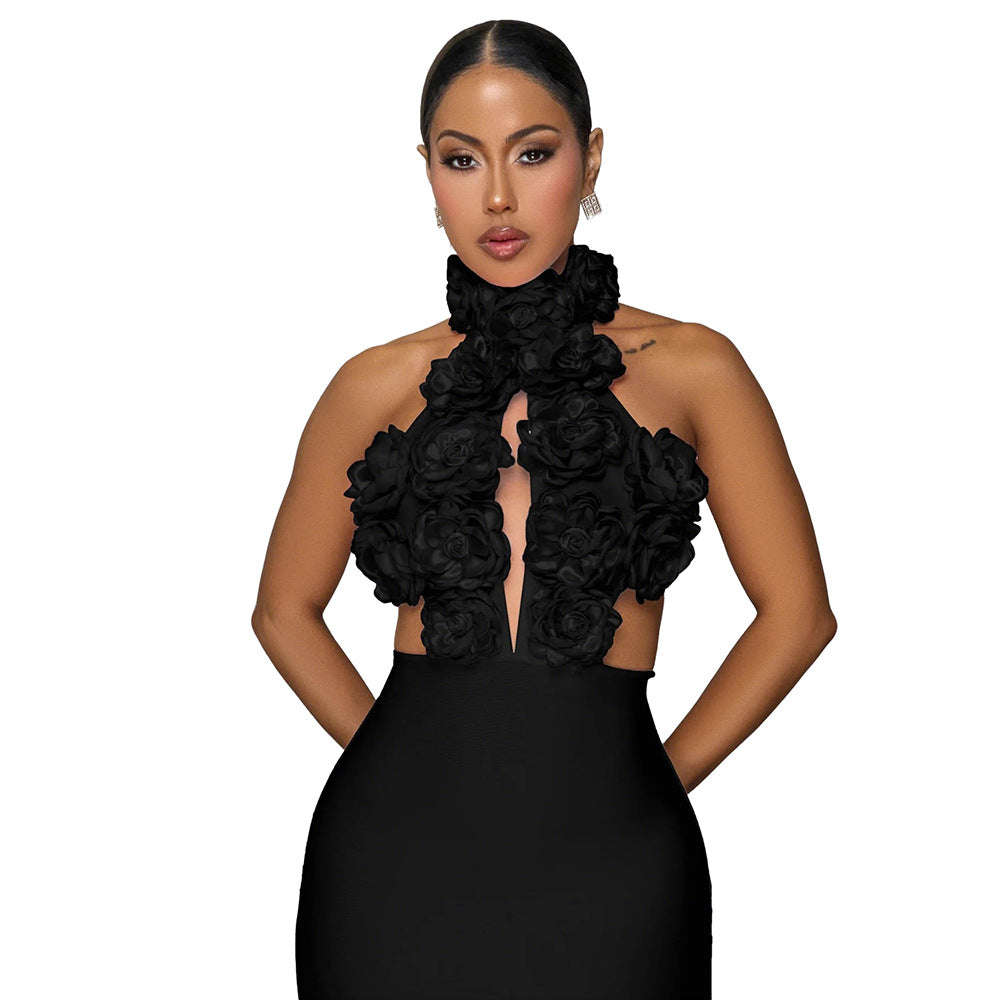 Robe de Soirée Glamour Col Halter – Grande Fleur Élégante et Féminine