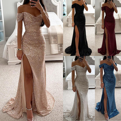 Robe Femme Élégante à Sequins – Col Bardot, Fente Sexy, Idéale Soirée