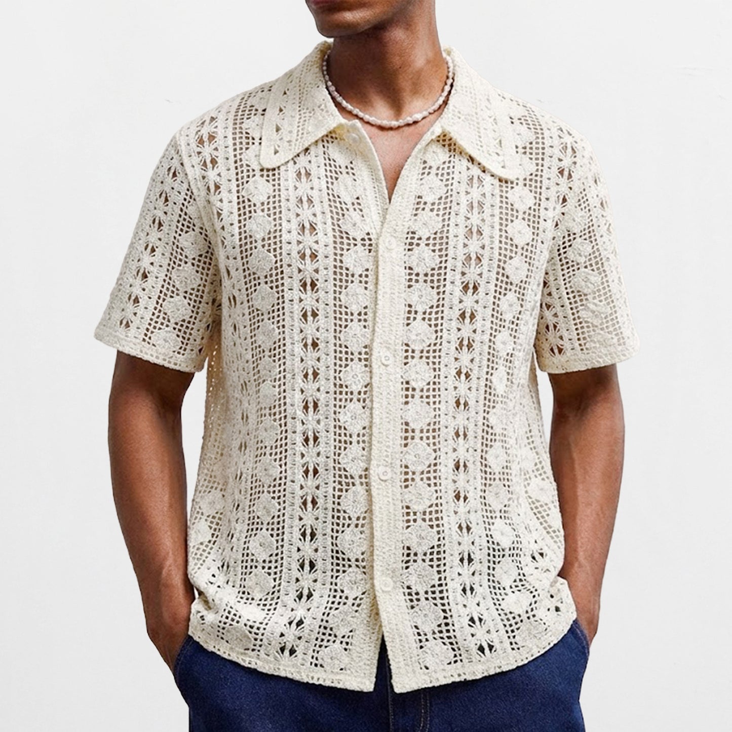 Pull Homme à Manches Courtes – Cardigan en Maille Crochetée avec Motifs Ajourés