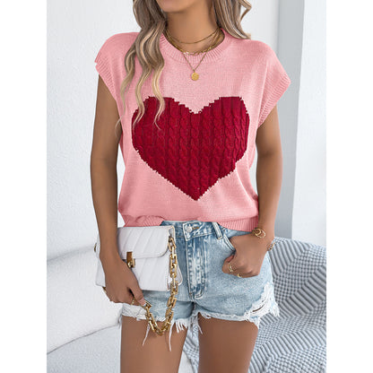Haut Femme en Tricot à Cœur – Sans Manches, Style Décontracté Saint-Valentin