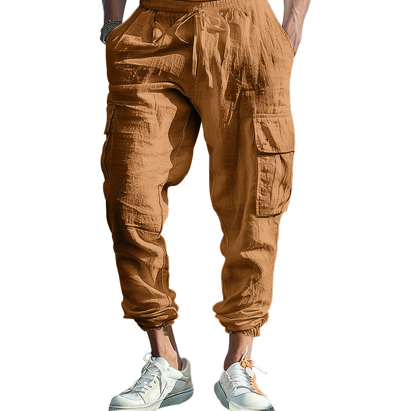 Pantalon Homme Décontracté en Coton-Lin – Multi-Poches avec Cordon de Serrage