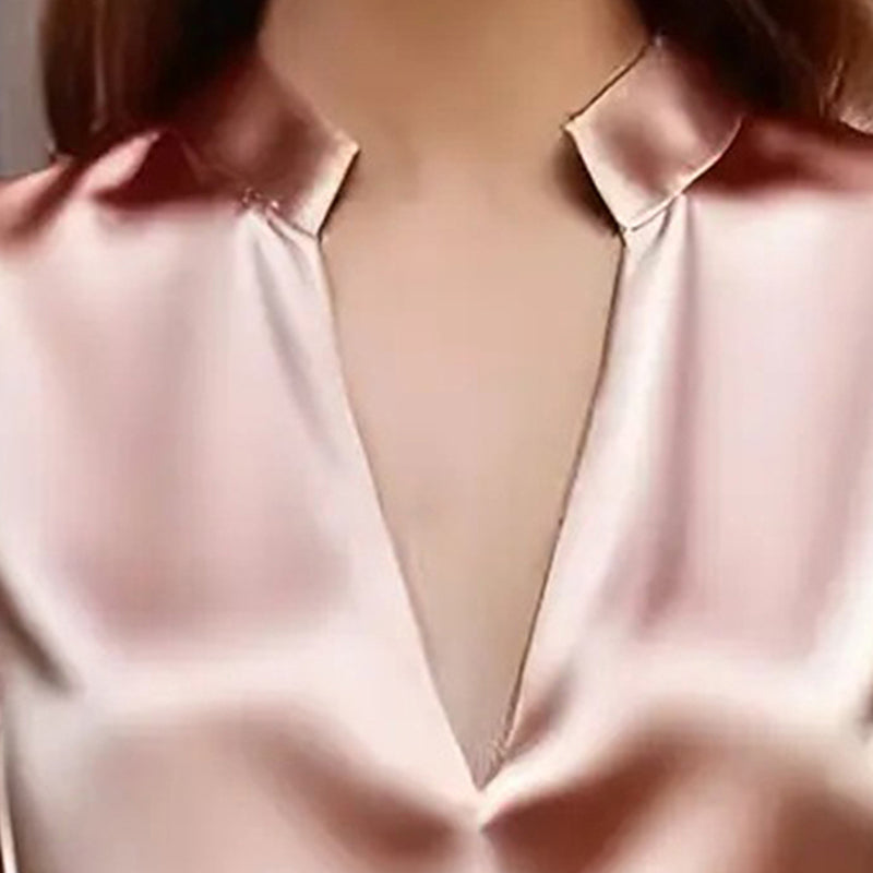 Blouse Femme Élégante en Satin – Col V, Manches Longues, Coupe Slim