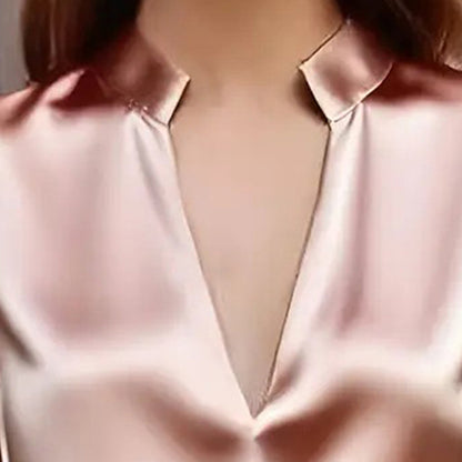 Blouse Femme Élégante en Satin – Col V, Manches Longues, Coupe Slim