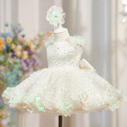Robe Gala Princesse Fille – Sequins Brillants et Détails en Perles