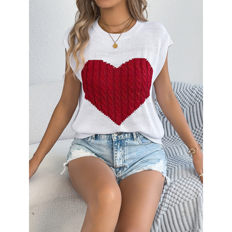Haut Femme en Tricot à Cœur – Sans Manches, Style Décontracté Saint-Valentin