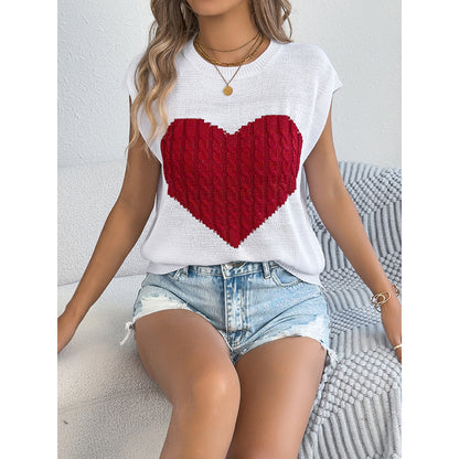 Haut Femme en Tricot à Cœur – Sans Manches, Style Décontracté Saint-Valentin