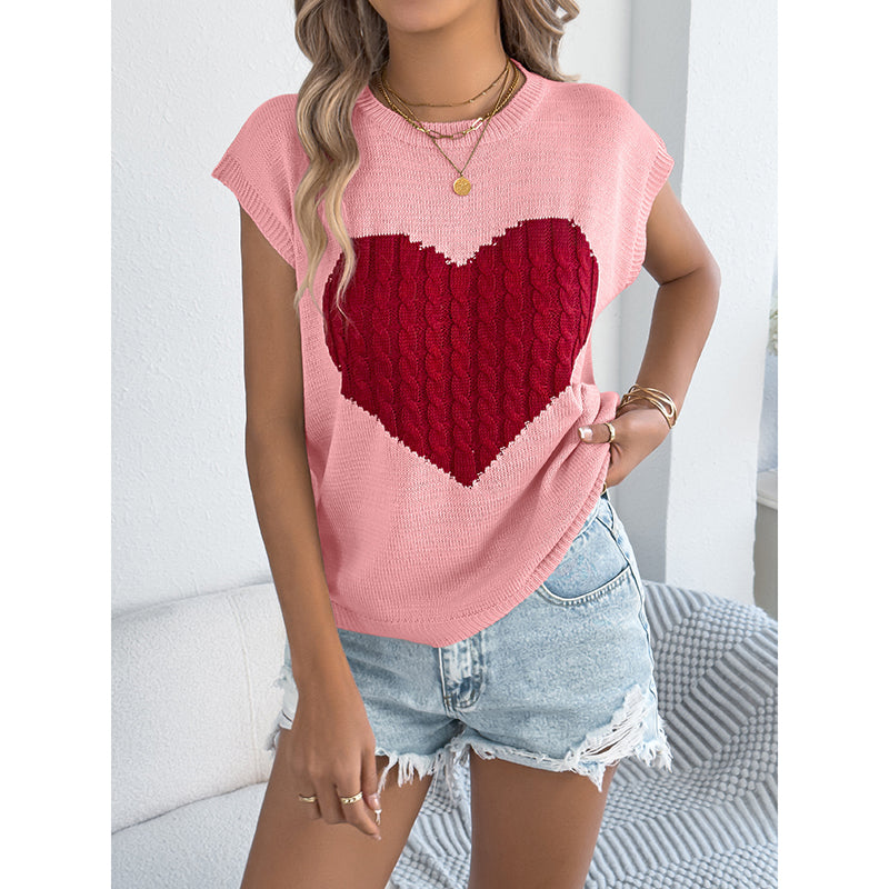 Haut Femme en Tricot à Cœur – Sans Manches, Style Décontracté Saint-Valentin