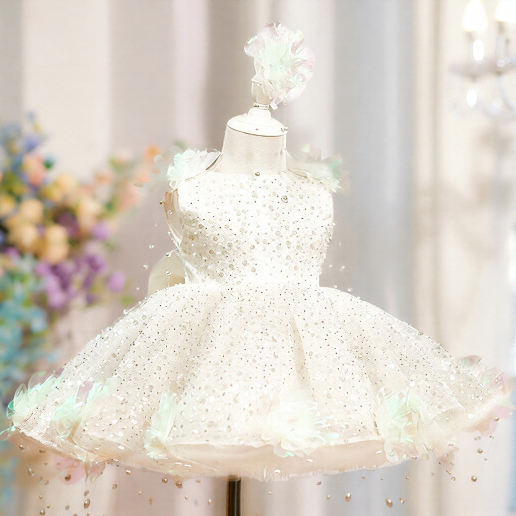 Robe Gala Princesse Fille – Sequins Brillants et Détails en Perles