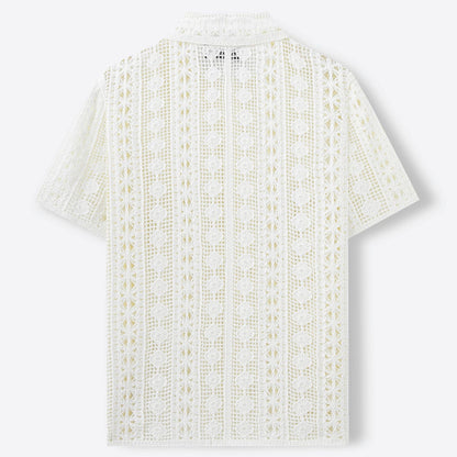 Pull Homme à Manches Courtes – Cardigan en Maille Crochetée avec Motifs Ajourés