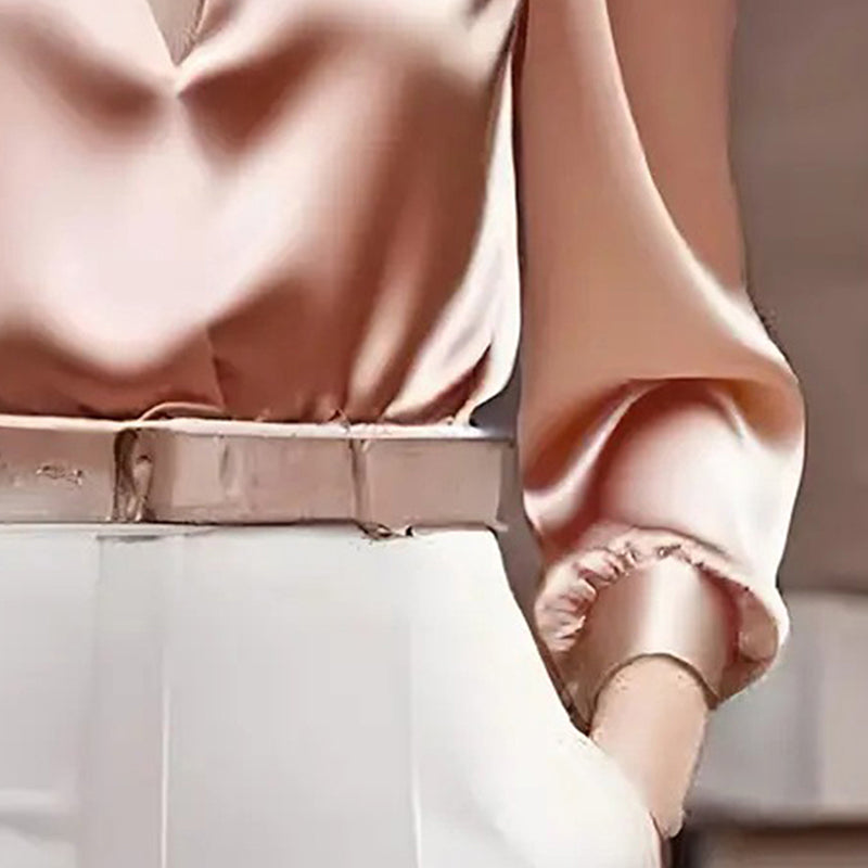 Blouse Femme Élégante en Satin – Col V, Manches Longues, Coupe Slim