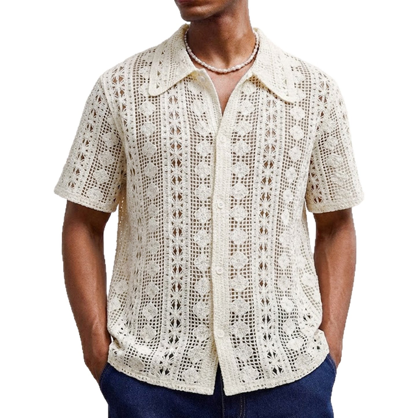 Pull Homme à Manches Courtes – Cardigan en Maille Crochetée avec Motifs Ajourés