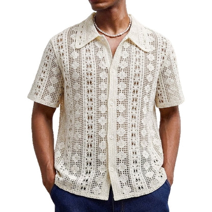 Pull Homme à Manches Courtes – Cardigan en Maille Crochetée avec Motifs Ajourés