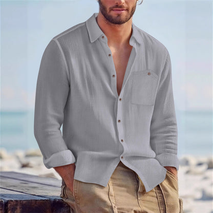 Chemise Homme Décontractée en Lin – Cardigan à Col Revers, Couleur Unie, Coupe Large