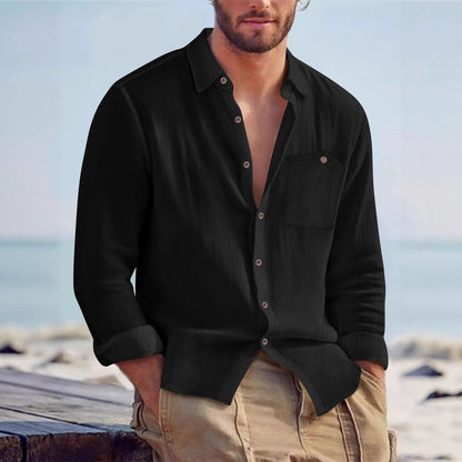 Chemise Homme Décontractée en Lin – Cardigan à Col Revers, Couleur Unie, Coupe Large