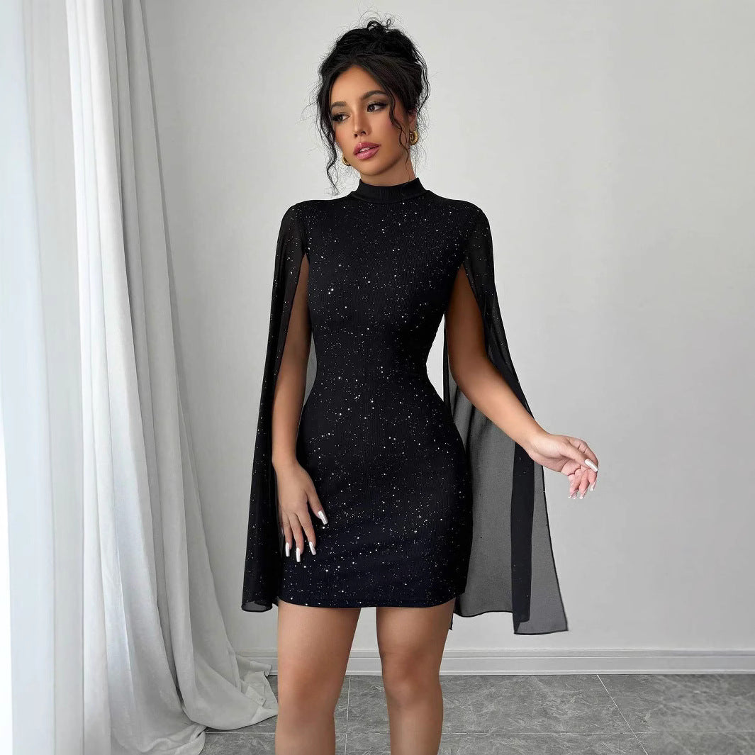 Robe de Soirée Chic pour Femme – Manches Cape en Chiffon, Taille Haute et Silhouette Élégante