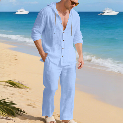 Ensemble Homme Décontracté en Lin – Chemise à Capuche Manches Longues et Pantalon