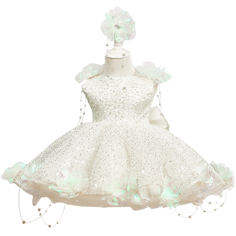 Robe Gala Princesse Fille – Sequins Brillants et Détails en Perles