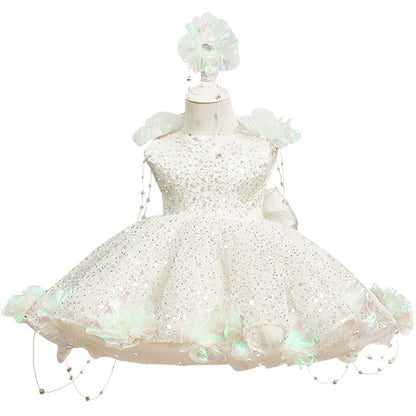 Robe Gala Princesse Fille – Sequins Brillants et Détails en Perles
