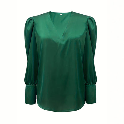 Chemise Femme en Satin de Soie – Col V, Manches Longues, Couleur Unie