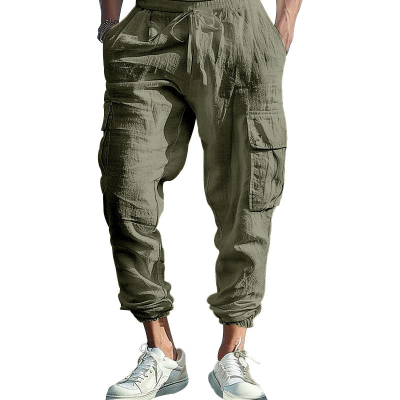 Pantalon Homme Décontracté en Coton-Lin – Multi-Poches avec Cordon de Serrage