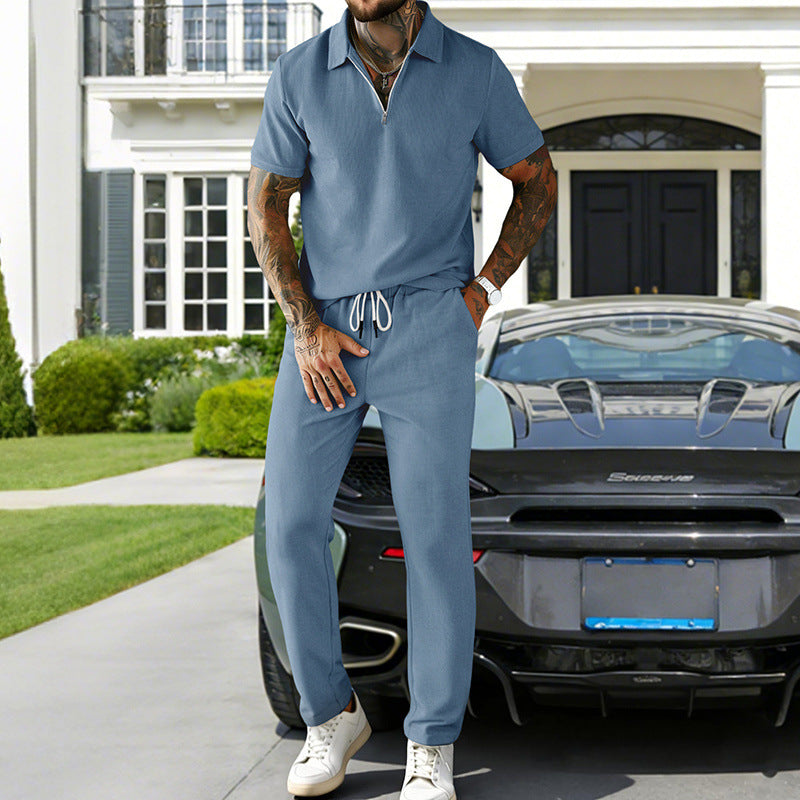 Ensemble Homme Décontracté – Polo à Manches Courtes en Velours Côtelé et Pantalon