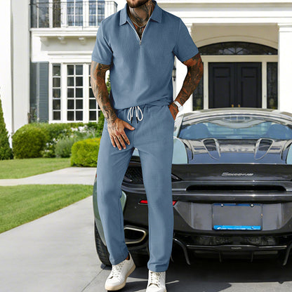 Ensemble Homme Décontracté – Polo à Manches Courtes en Velours Côtelé et Pantalon