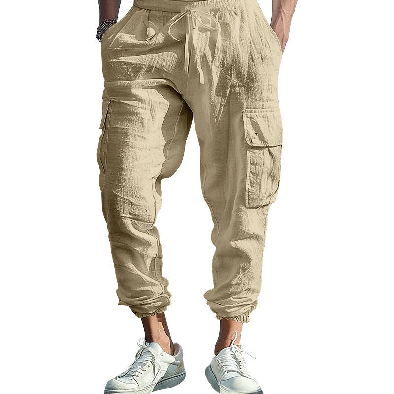 Pantalon Homme Décontracté en Coton-Lin – Multi-Poches avec Cordon de Serrage