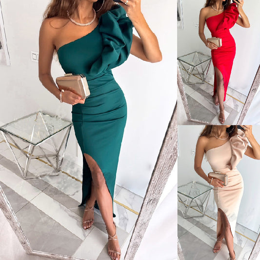 European And American Sexy Slit Slim-fitting Color Sheath Dress Women