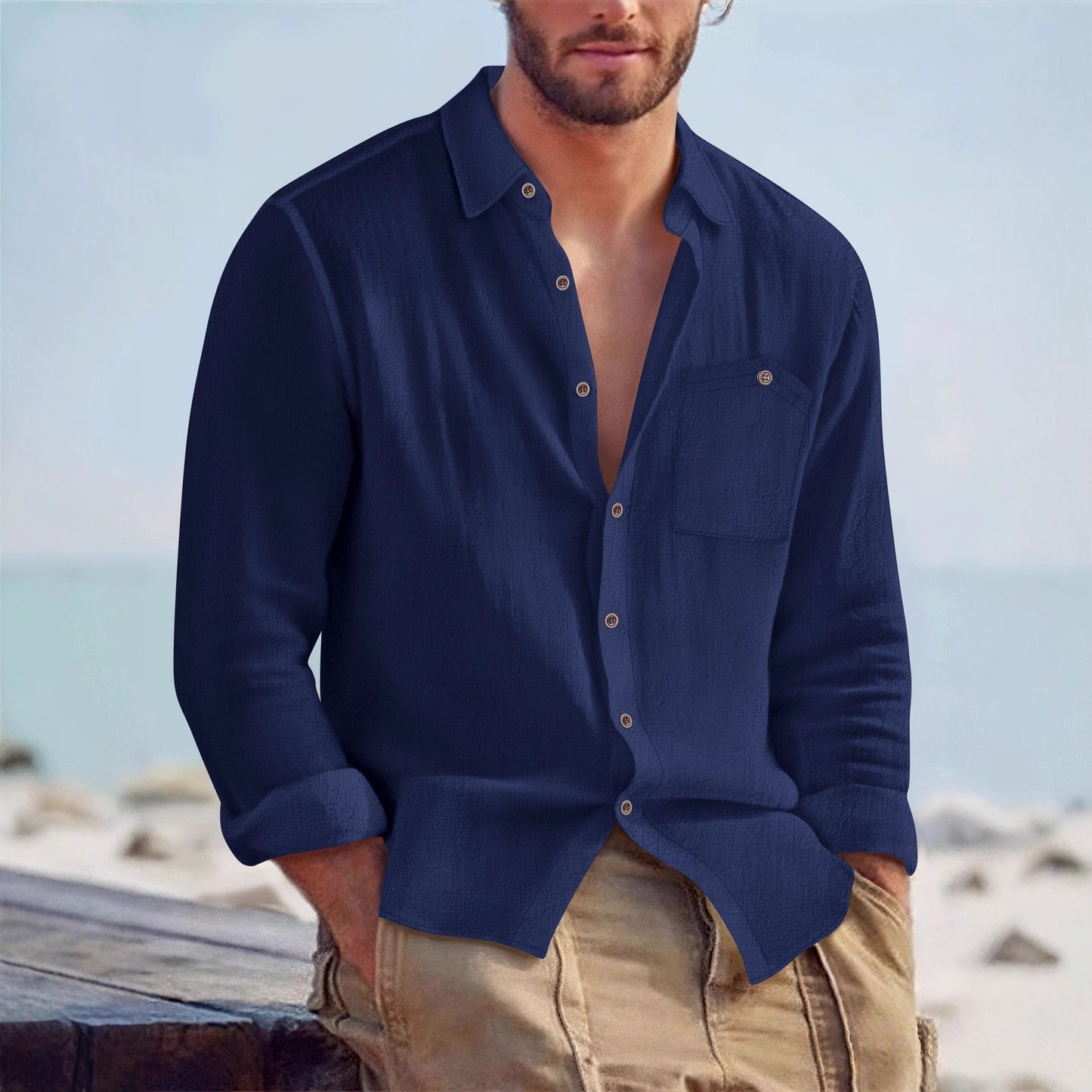 Chemise Homme Décontractée en Lin – Cardigan à Col Revers, Couleur Unie, Coupe Large