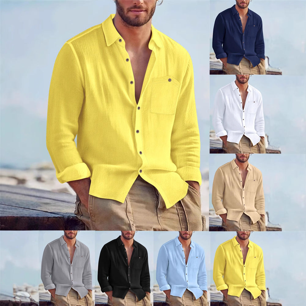 Chemise Homme Décontractée en Lin – Cardigan à Col Revers, Couleur Unie, Coupe Large