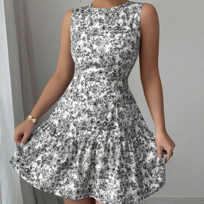 Robe Femme Élégante à Imprimé Floral – Mini, Sans Manches, Coupe A-Line