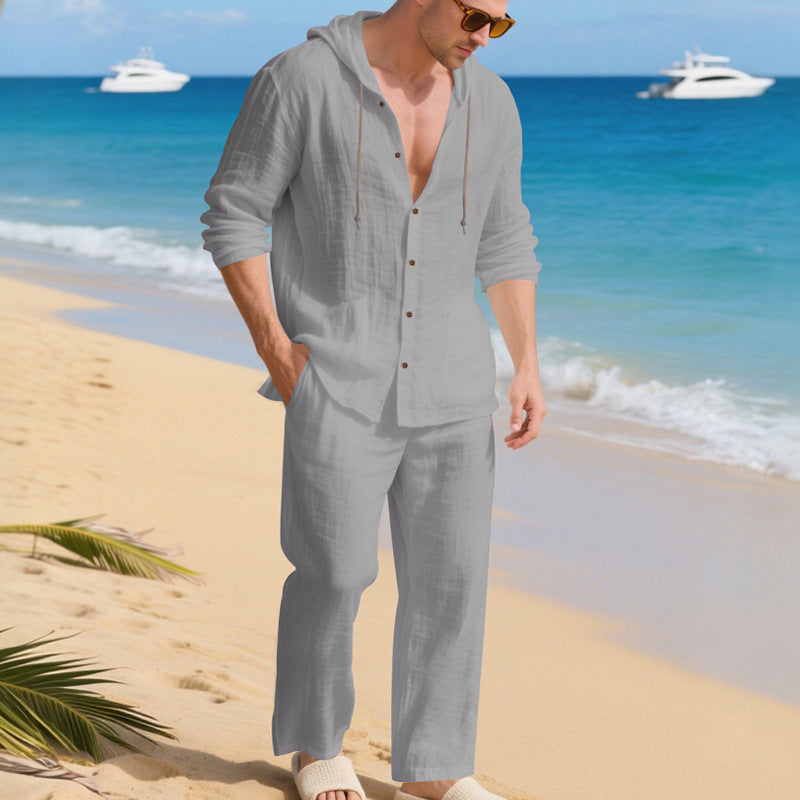 Ensemble Homme Décontracté en Lin – Chemise à Capuche Manches Longues et Pantalon