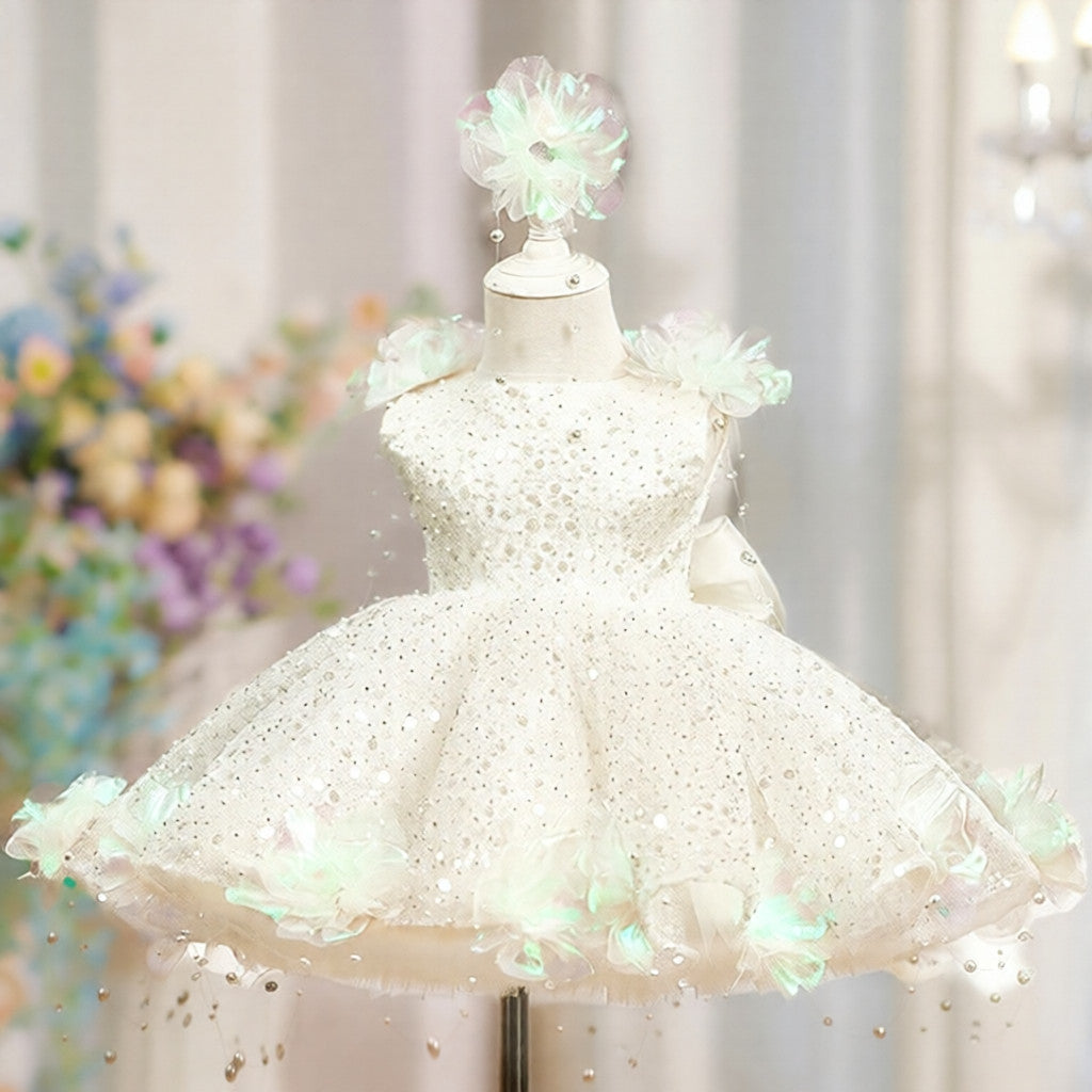 Robe Gala Princesse Fille – Sequins Brillants et Détails en Perles