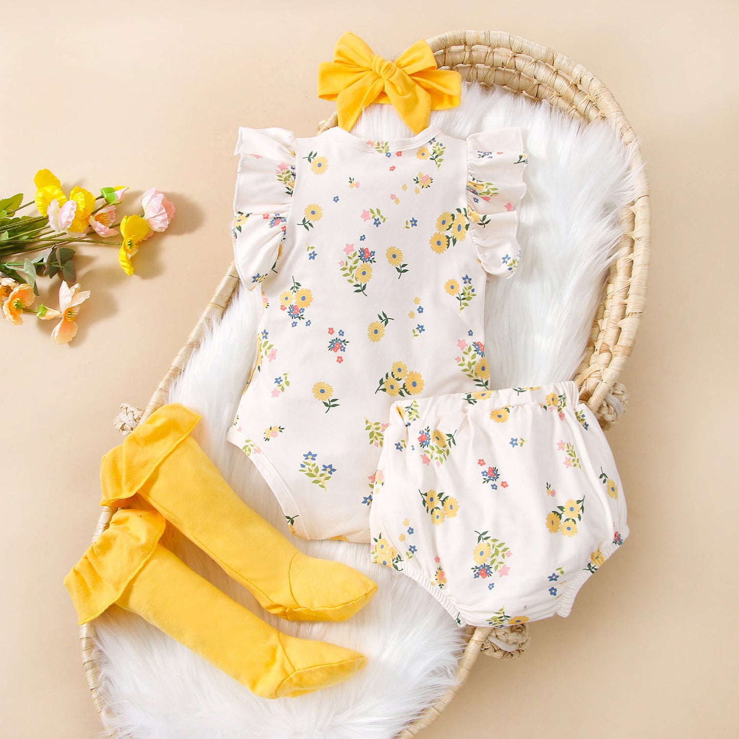 Ensemble Bébé 4 Pièces – Style INS, Manches Volantes à Fleurs, Confort et Douceur
