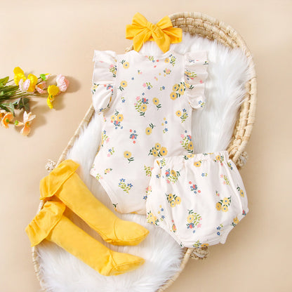 Ensemble Bébé 4 Pièces – Style INS, Manches Volantes à Fleurs, Confort et Douceur