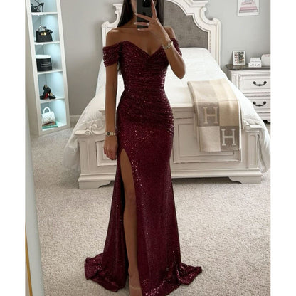 Robe Femme Élégante à Sequins – Col Bardot, Fente Sexy, Idéale Soirée