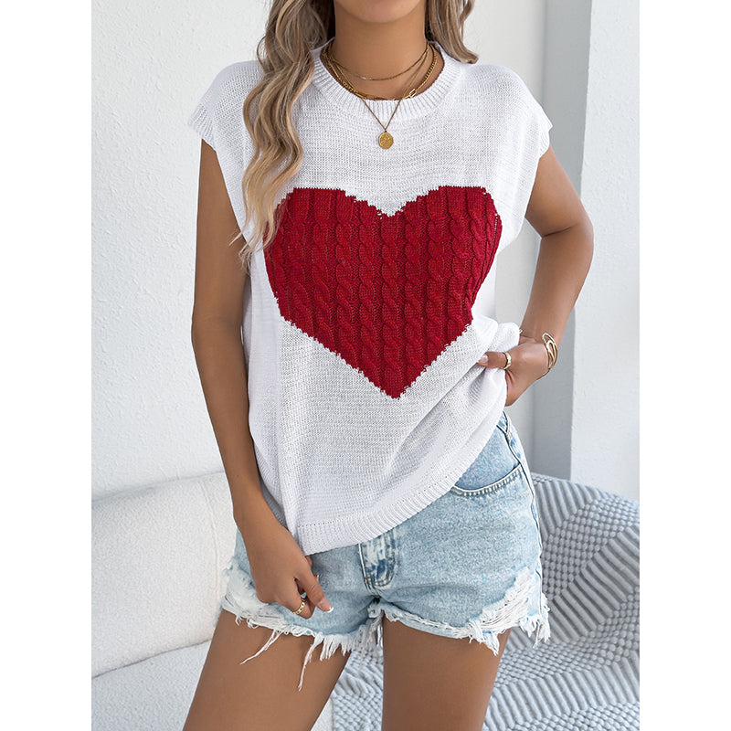 Haut Femme en Tricot à Cœur – Sans Manches, Style Décontracté Saint-Valentin