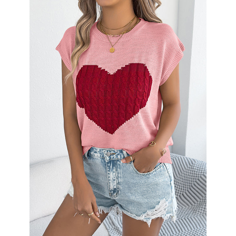 Haut Femme en Tricot à Cœur – Sans Manches, Style Décontracté Saint-Valentin