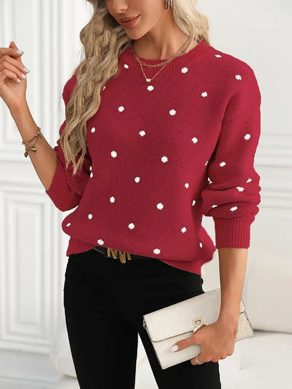 Ins Polka Dot Print Pullover Sweater Fashion Casual Long-sleeved Jacquard Knitted Top Winter Round Neck Clothing For Women