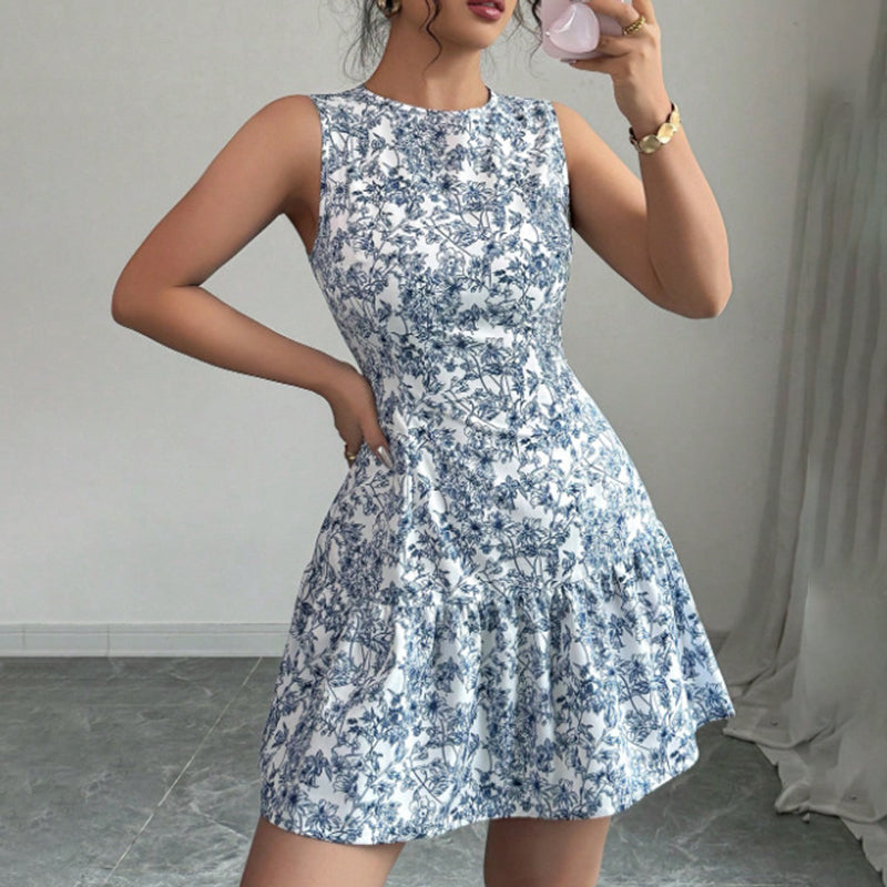 Robe Femme Élégante à Imprimé Floral – Mini, Sans Manches, Coupe A-Line