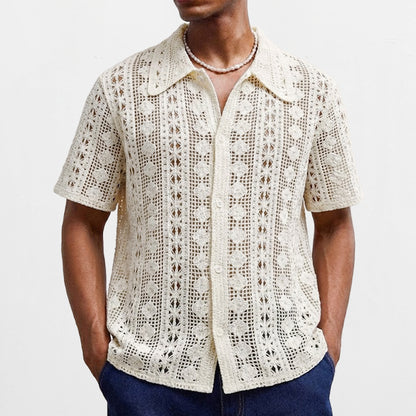 Pull Homme à Manches Courtes – Cardigan en Maille Crochetée avec Motifs Ajourés