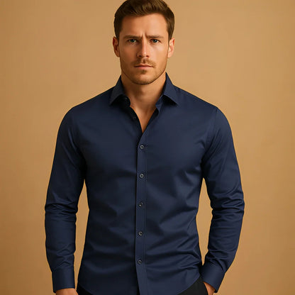 Men's Shirt Business Button Down Shirt Summer Solid Color Long Sleeve Lapel Vacation Shirt Fashion Temperament Casual Tops