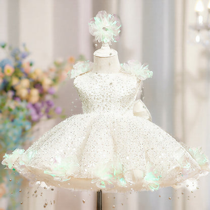Robe Gala Princesse Fille – Sequins Brillants et Détails en Perles