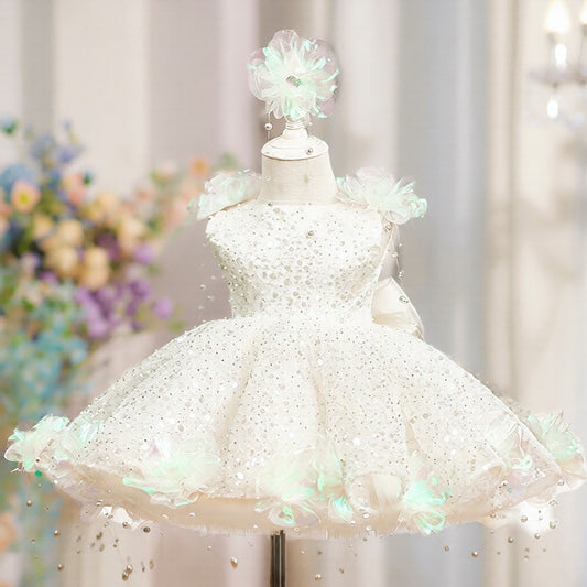 Robe Gala Princesse Fille – Sequins Brillants et Détails en Perles